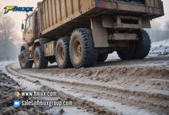 "Heavy-duty truck equipped with OTR tires navigating a muddy and snowy off-road terrain, showcasing tire durability and performance."