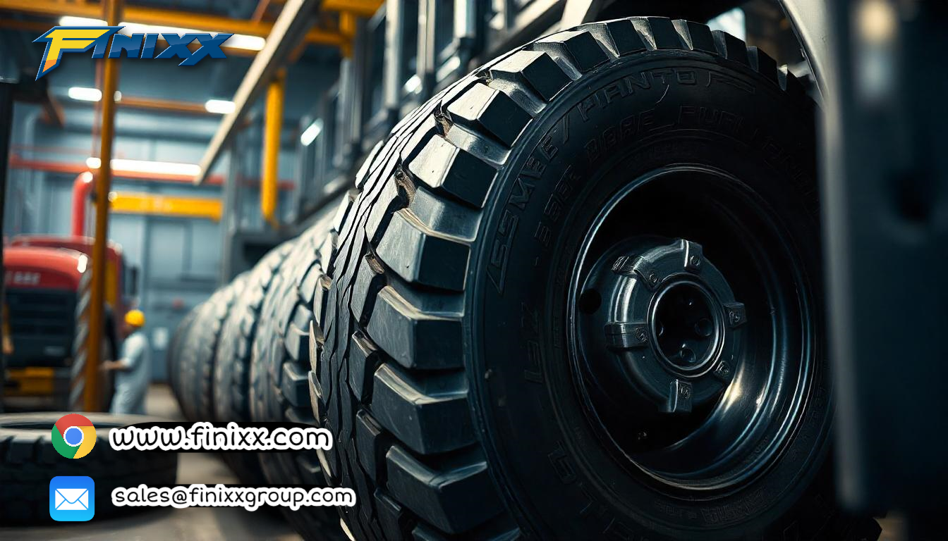 "Finixx OTR and TBR truck tires being manufactured in a factory, showcasing the production process from raw materials to the final product."