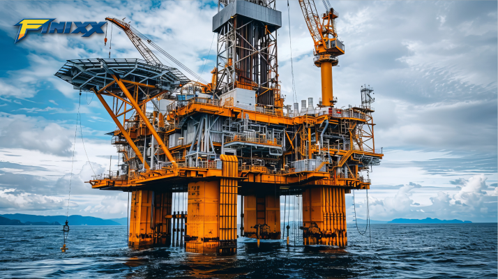 An offshore oil drilling platform with bright orange structures floating on the calm ocean, with mountains visible in the distance and a cloudy sky above.