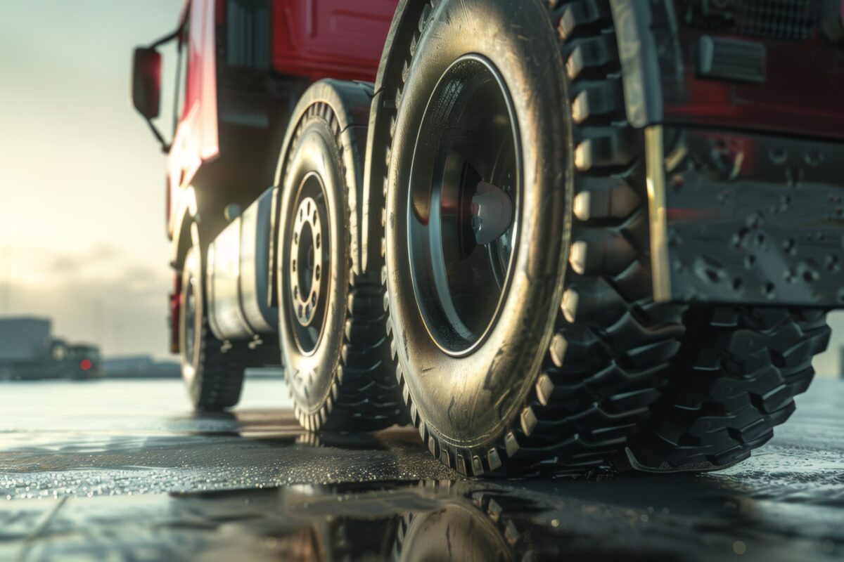 "Close-up of rugged truck tires on a cargo truck, highlighting durability and traction on the road."