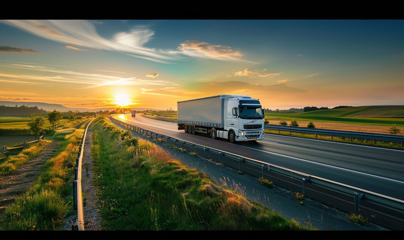 "White truck driving on a highway at sunset with rural fields in the background, representing freight transportation in India"