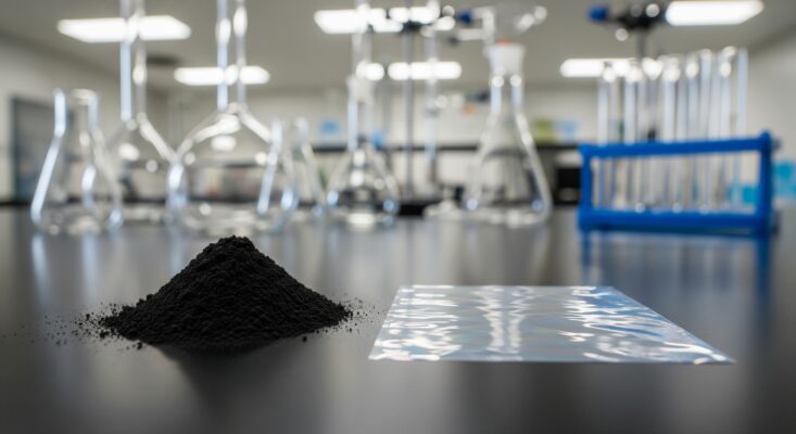 A sharp focus on a pile of fine carbon black powder and a transparent thin film on a dark lab bench, with blurred laboratory glassware in the background.